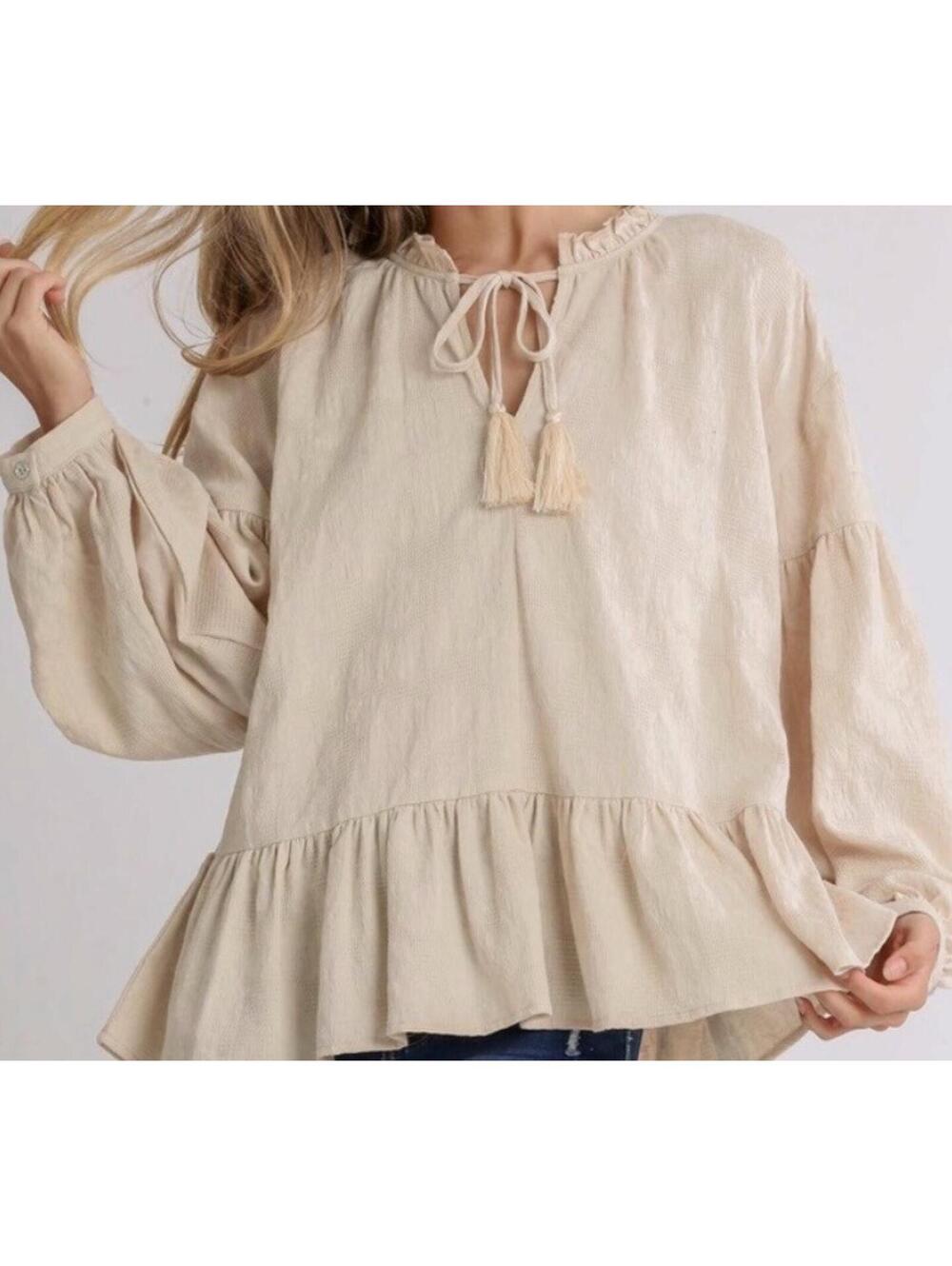 Umgee Stone Beige Textured Peplum Top Tassel Tie Balloon Sleeve Shirt Large NWT